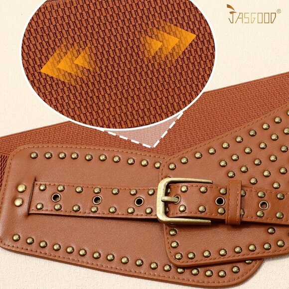 Women\'s Elastic Wide Belt Vintage Studded Stretchy Waist Belts Dress Pants Brown main image 5